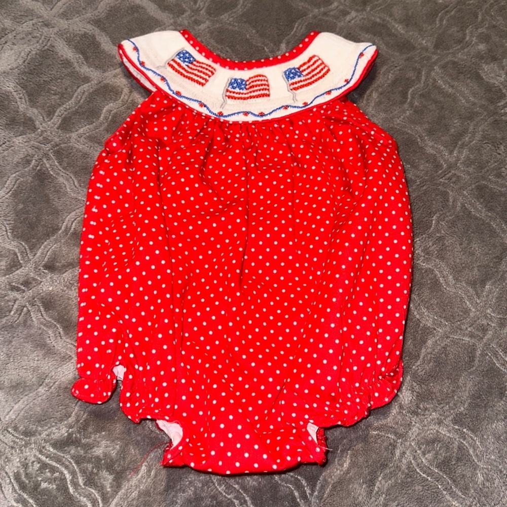 Smockingbird Smocked American Flag Patriotic July 4th Polka Dot Bubble sz 3m